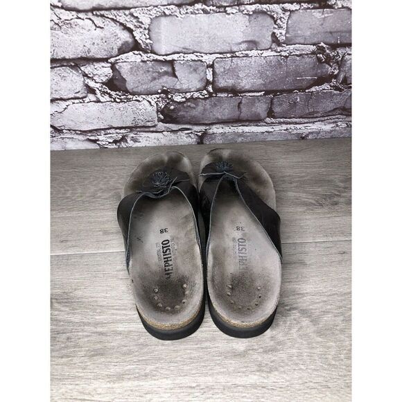 Mephisto Pewter Textured Leather Flip Flops Flower Sandals Women's Sz 38EU/7.5M - Picture 6 of 14